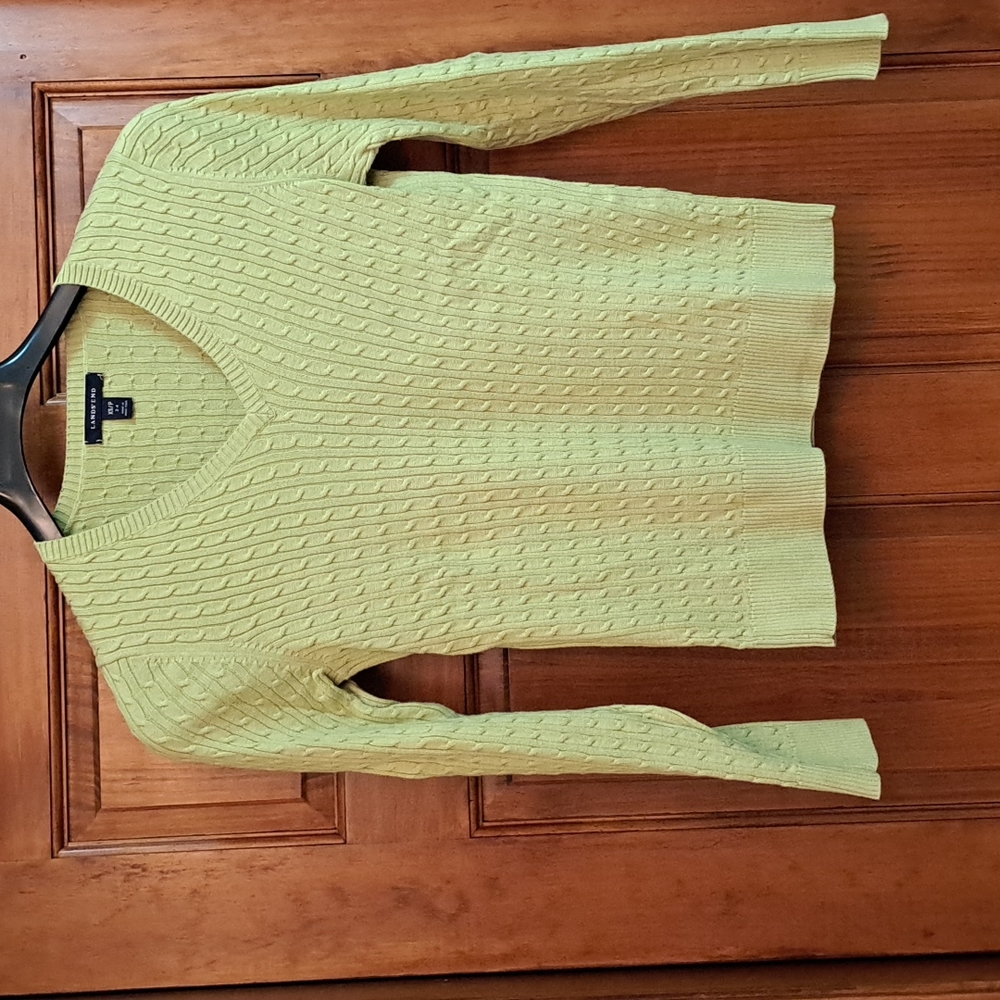 Lands' End lime green light weight cable knit Petite XS sweater.